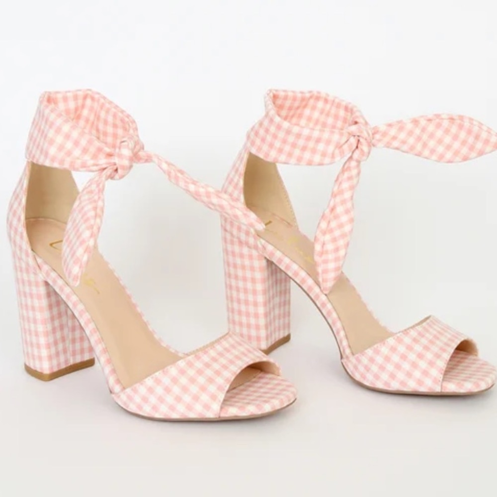 Lulus Pink and White Gingham Ankle Strap Heels